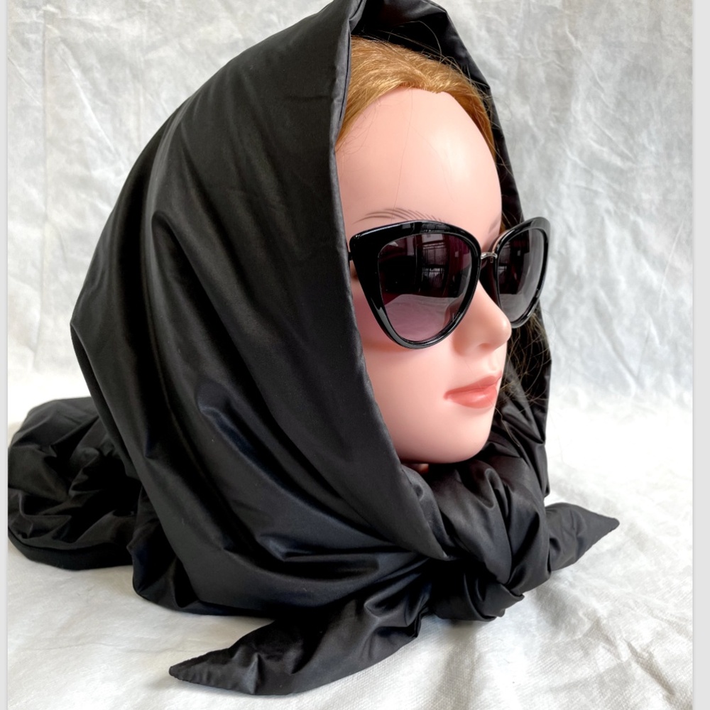 Puffer Shawl,Triangle Scarf, Babuska Style Quilted, Black Scarf, Winter Hat NEW